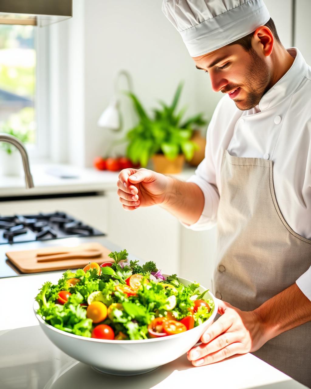 Chef plating fresh salad in bright kitchen