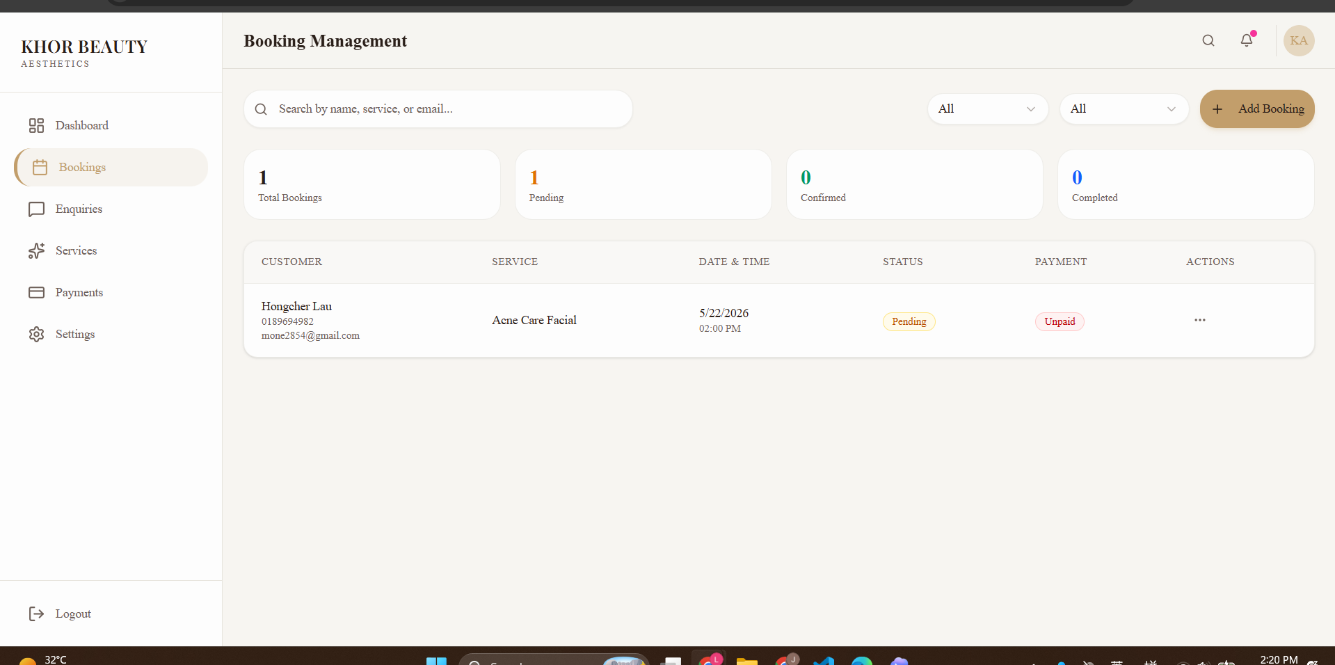 Booking management screenshot