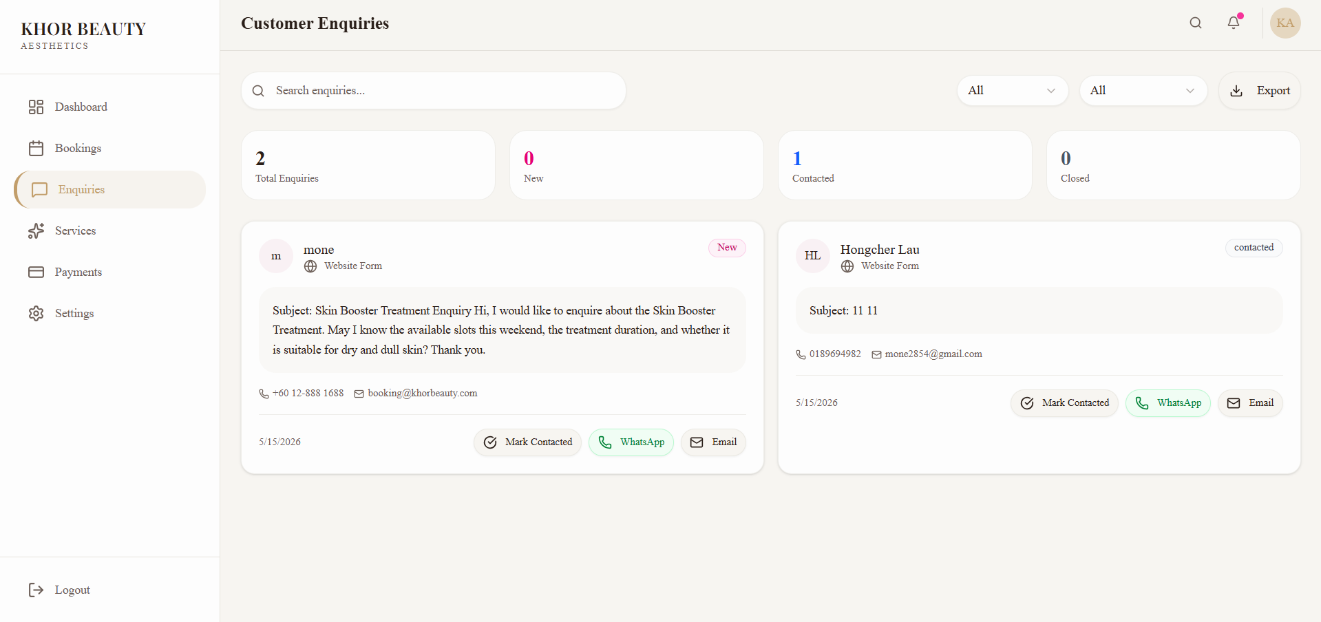 Customer enquiries screenshot